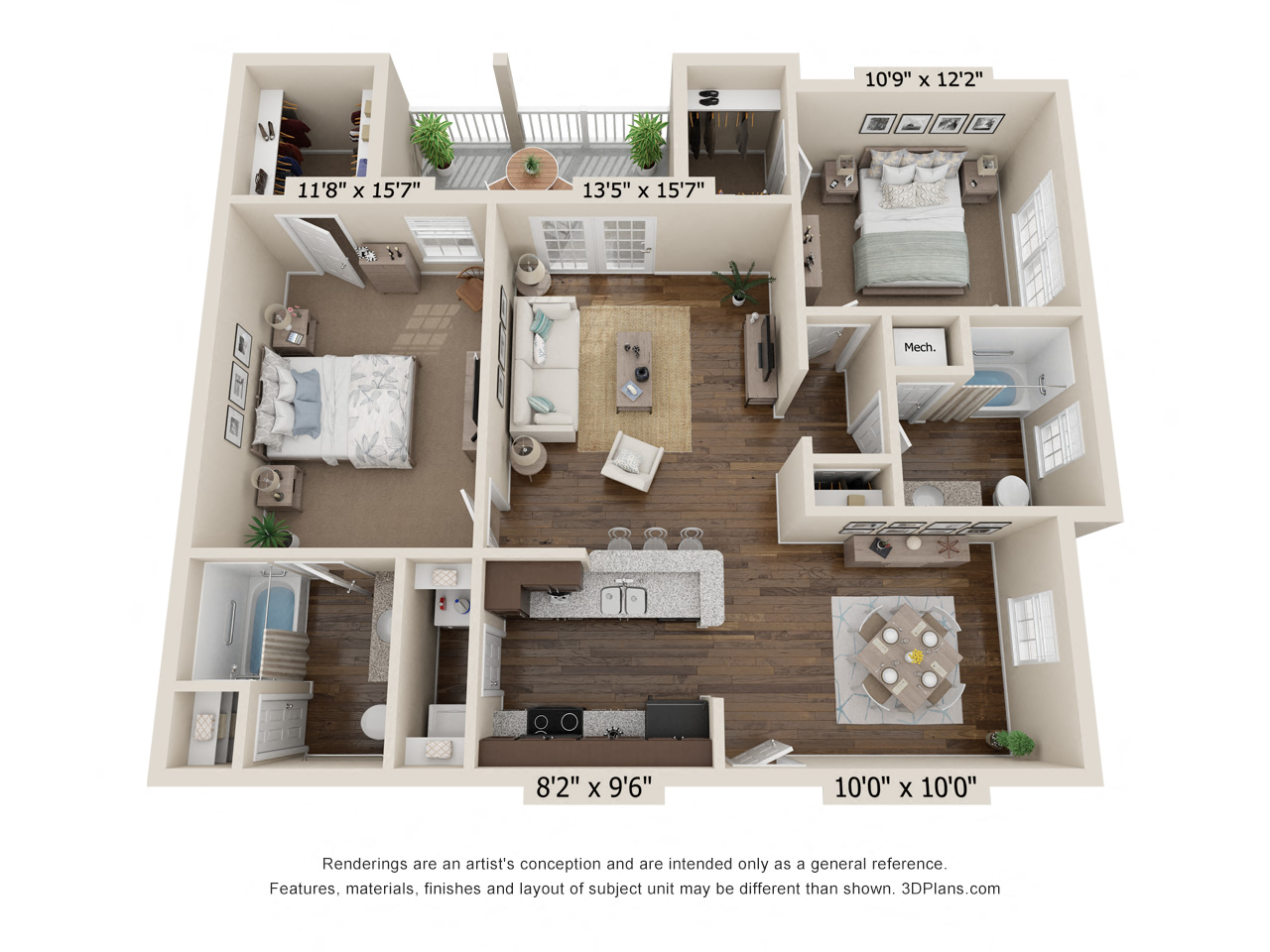 Floor plan for 2 beds, 2 baths, 1092 sqft